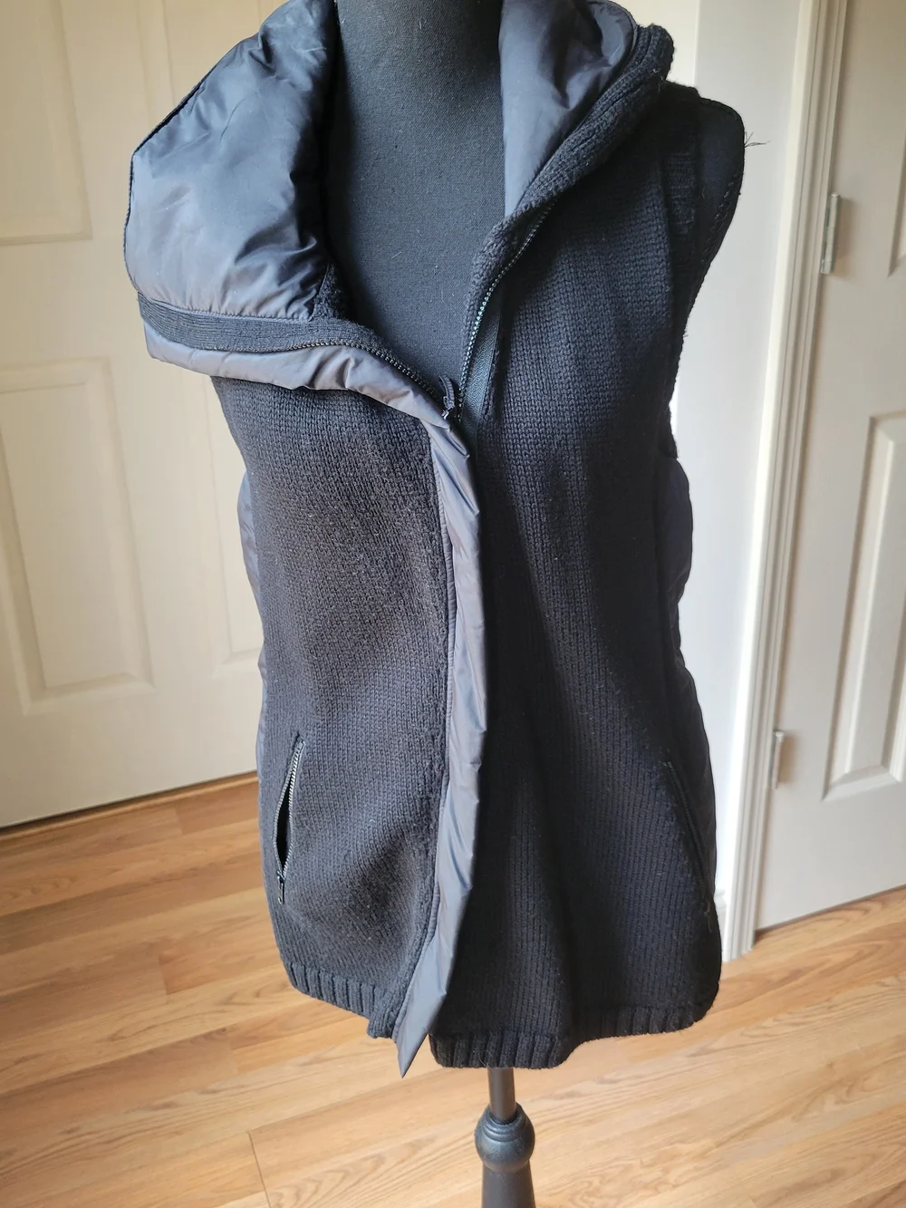 Eileen Fisher Merino Wool Asymmetrical Zip Funnel Neck Vest Black S